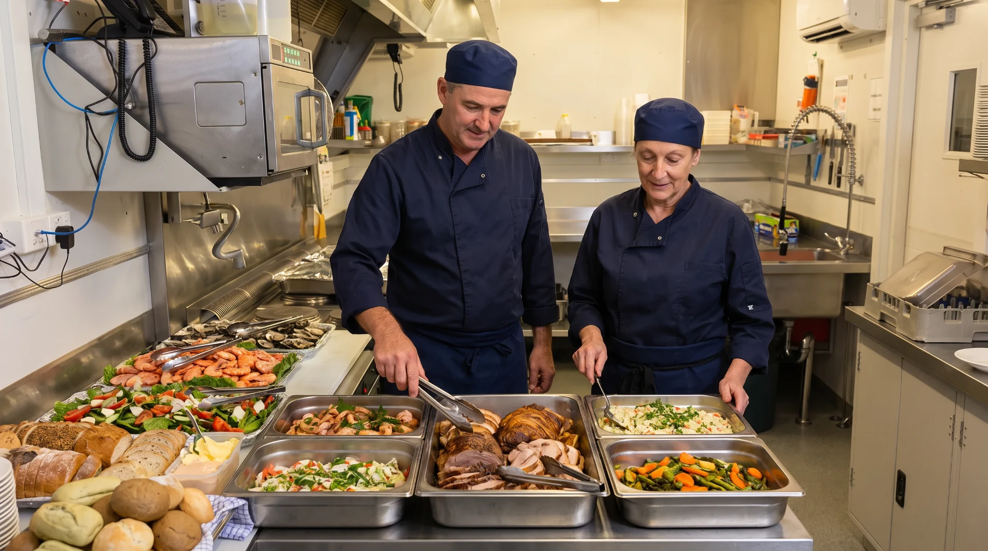 Remote camp catering team preparing fresh meals in a commercial kitchen