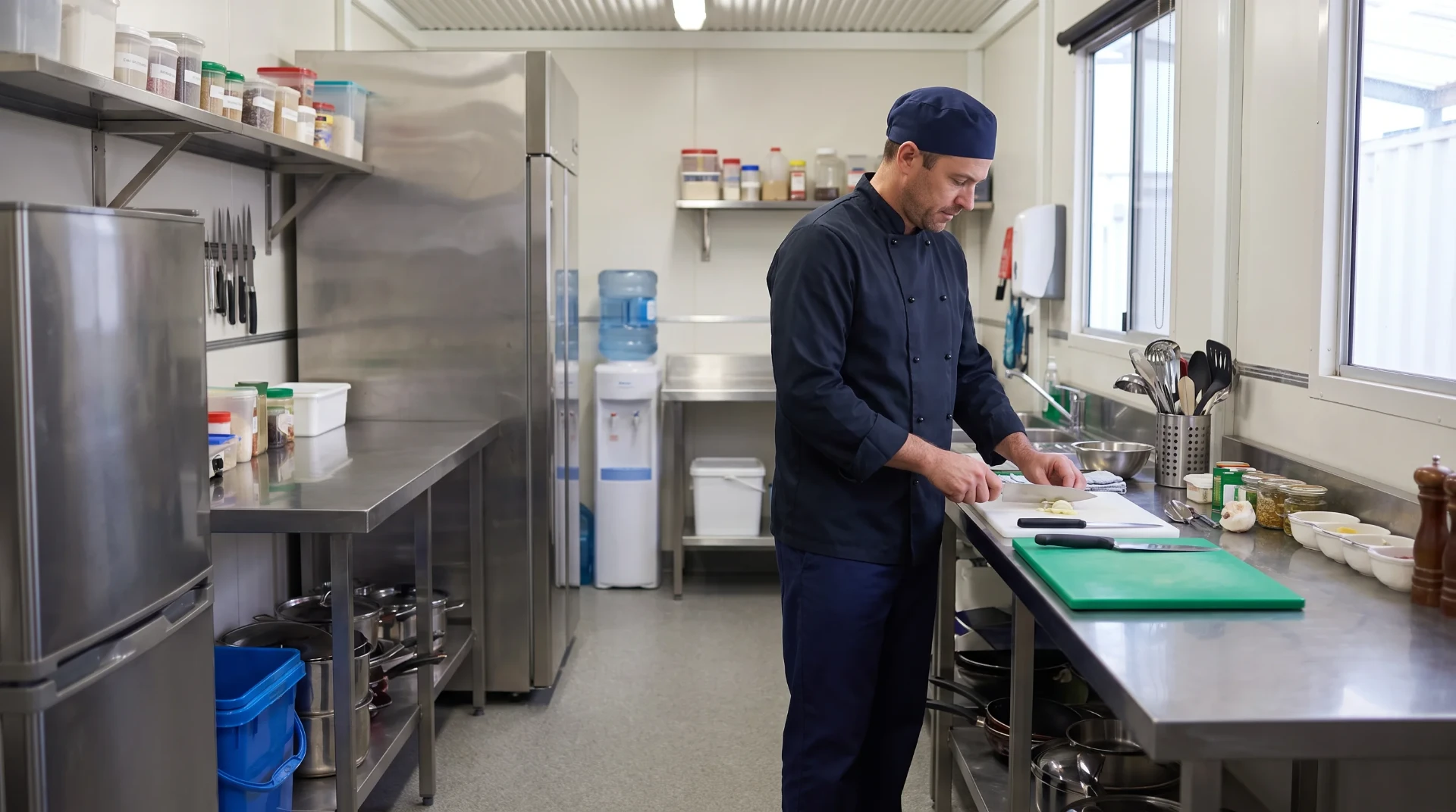 Chef preparing meals in a modular remote camp kitchen