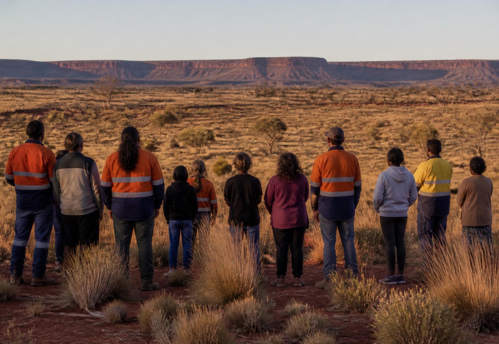 Workers on remote country at sunset.